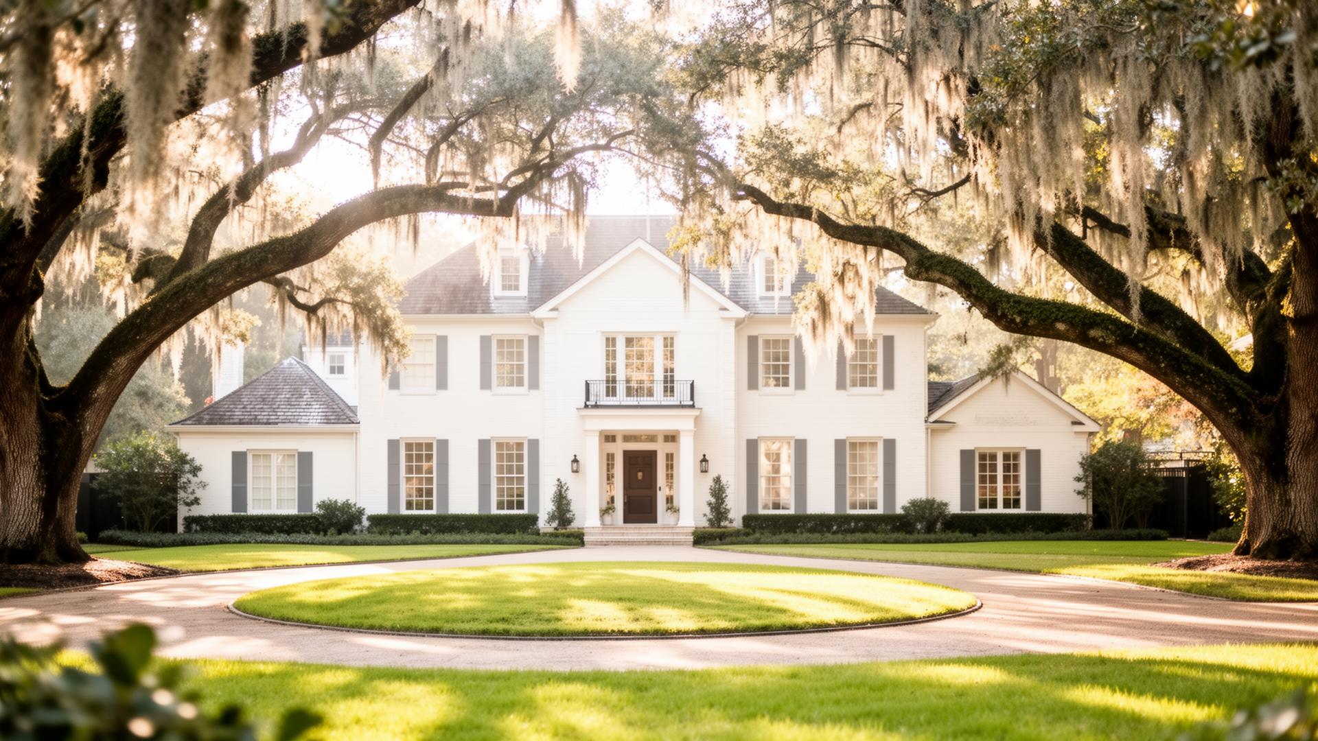 Stately Memorial Villages estate framed by oaks